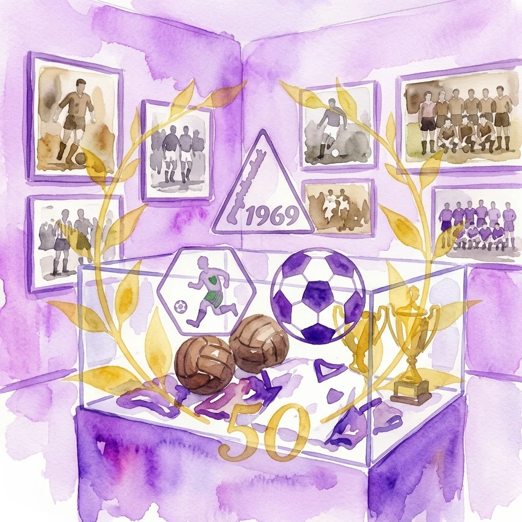 Ilustracja akwarelowa gabloty muzealnej zawierającej pamiątki piłkarskie, w tym zabytkowe piłki, trofea i oprawione zdjęcia, upamiętniająca 50-lecie klubu piłkarskiego ASK Ober St. Veit od 1969 roku.