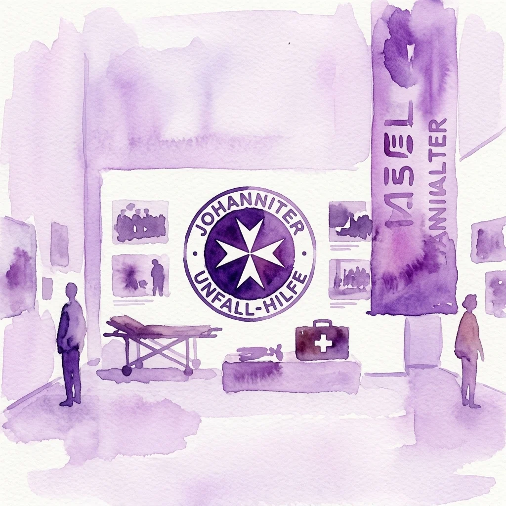 Ilustracja akwarelowa wystawy muzealnej Johanniter-Unfall-Hilfe, przedstawiająca archiwalne zdjęcia, nosze, apteczkę oraz logo organizacji, upamiętniająca 50 lat służby w Austrii.