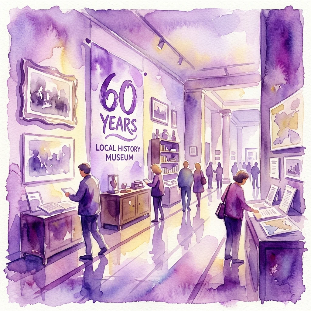 Waterverfillustratie van een museumgalerij ter ere van 60 jaar Historisch Museum, met bezoekers die historische foto's, artefacten en tentoongestelde archiefmaterialen bekijken.