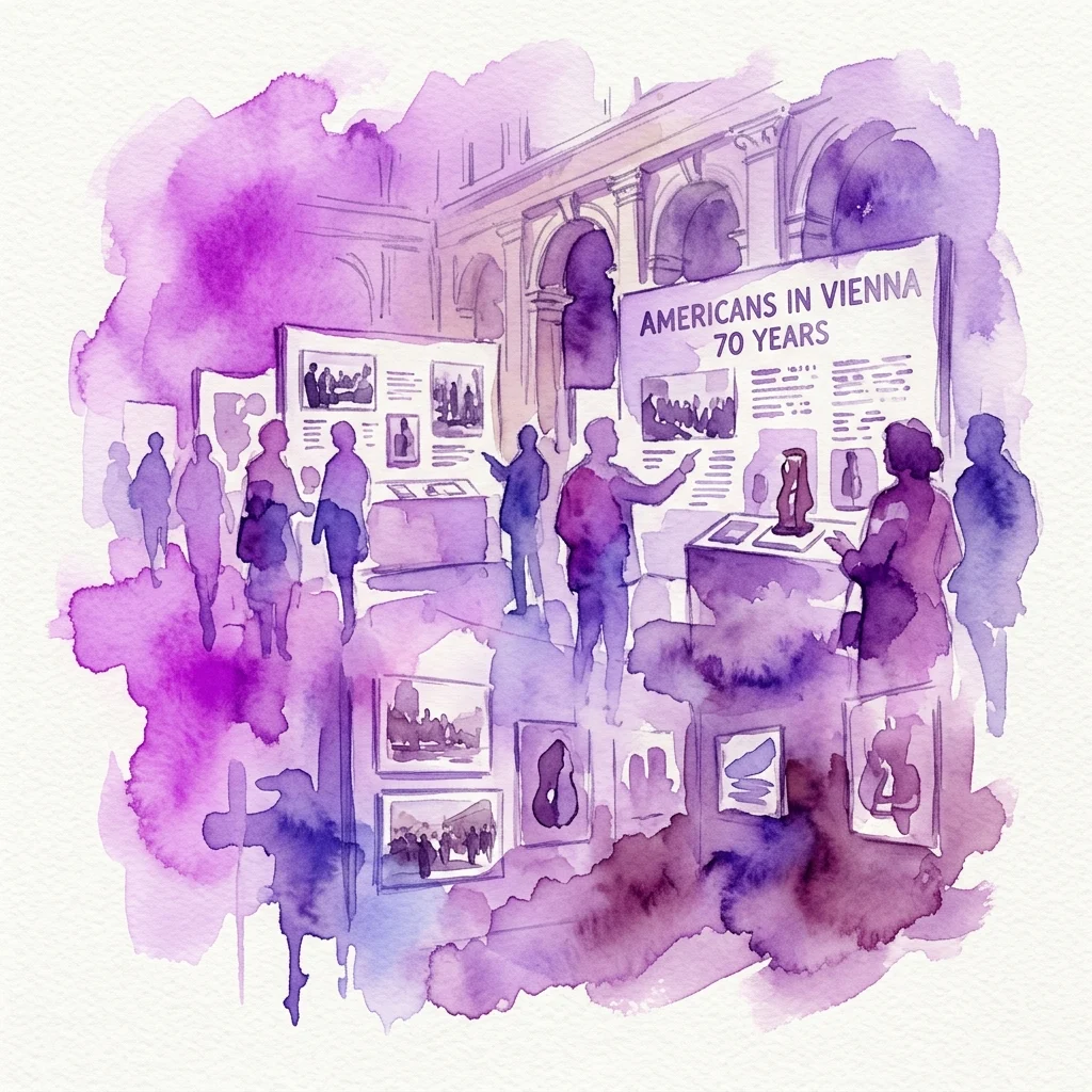 Watercolor illustration of visitors exploring the 'Americans in Vienna 70 Years' exhibition, featuring display panels and historical photographs in a grand gallery setting.