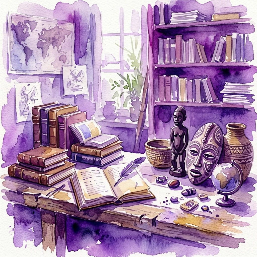 Una ilustración en acuarela de un estudio con libros, una pluma de ave, artefactos africanos, un globo terráqueo y un mapa del mundo, que evoca el tema de la exploración y el descubrimiento de la exposición Abba Kitaba.