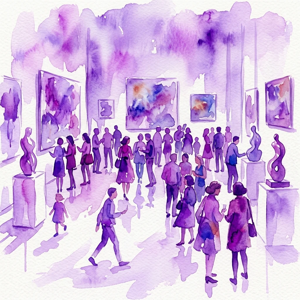 Ilustracja akwarelowa galerii muzealnej z odwiedzającymi oglądającymi różnorodne dzieła sztuki, w tym obrazy i rzeźby, w fioletowej atmosferze.
