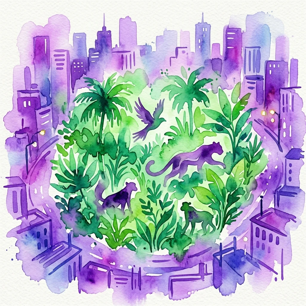 Una acuarela de un exuberante oasis verde con palmeras y vida silvestre, rodeado por un paisaje urbano de tonos púrpuras, que representa la exposición 'Oase Hietzing' de Alexandra Uccusic.