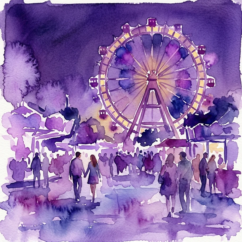 Una ilustración en acuarela de la noria Riesenrad en el parque de atracciones Prater de Viena por la noche, con gente paseando en primer plano, evocando la vibrante vida pre-nazi de la comunidad LGBTQ+ de Leopoldstadt.
