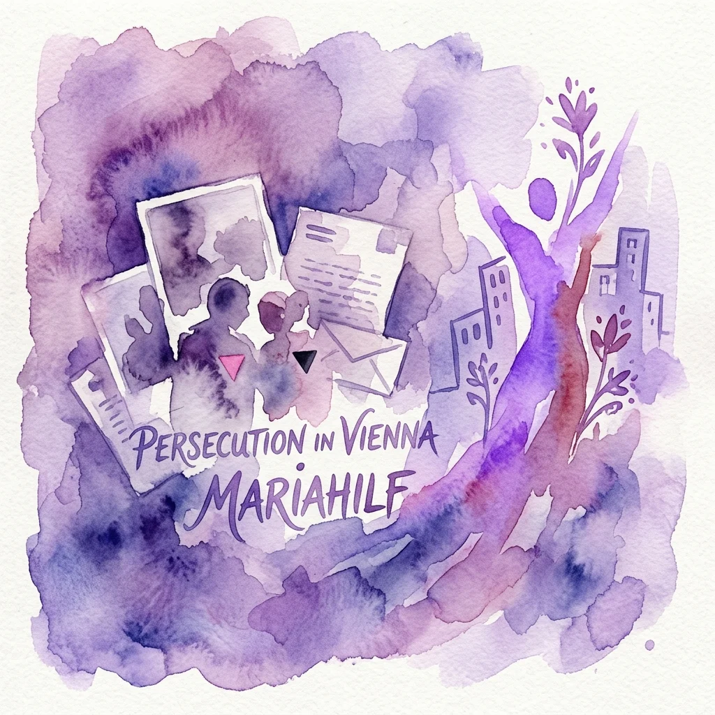 Watercolor illustration for the exhibition 'Persecution in Vienna Mariahilf,' featuring silhouettes, archival photos, and a symbolic tree, conveying the historical persecution of LGBTQ+ individuals in the Nazi era.