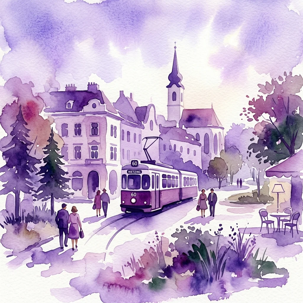 Ilustración en acuarela de un tranvía con la etiqueta 'Nietzing' en un distrito vienés, con gente caminando y edificios históricos bajo un cielo púrpura, evocando recuerdos de Hietzing en los años 60 y 70.