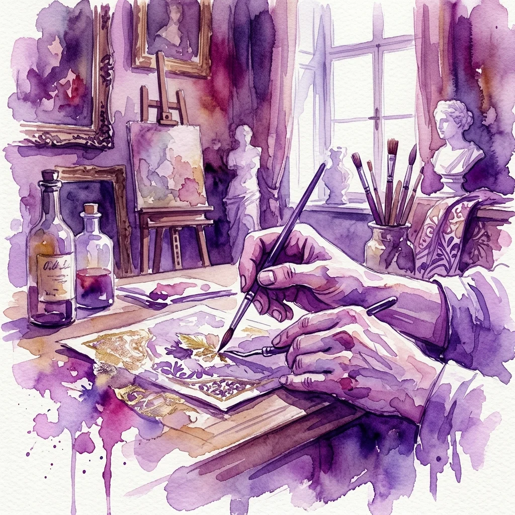 Ilustracja akwarelowa przedstawiająca dłonie artysty malującego precyzyjnymi narzędziami w wiedeńskim studiu, z sztalugą, pędzlami i klasycznymi rzeźbami, przywołująca na myśl misterny kunszt Antoniego Hansa Karlinsky'ego.