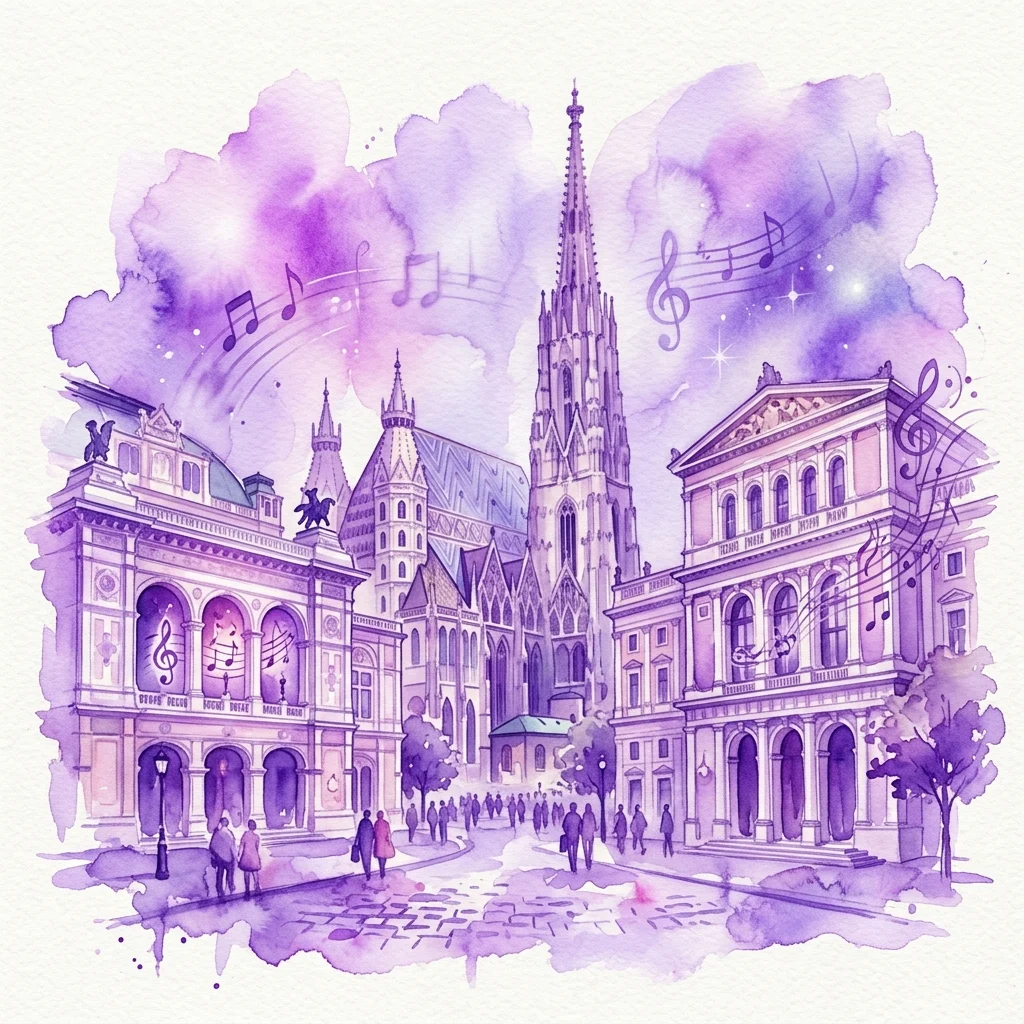 Una acuarela de Franz Wünsch que representa los monumentos musicales de Viena, incluida la Ópera Estatal de Viena y la Catedral de San Esteban, con notas musicales flotando en el cielo de tono púrpura.