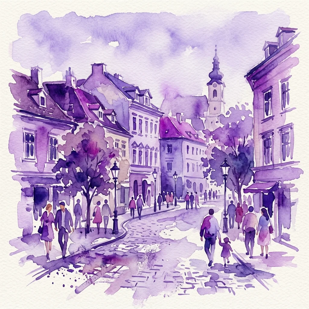 Una acuarela de Alfred Kornberger que representa una escena callejera en Währing, Viena, con edificios históricos, calles adoquinadas y gente caminando bajo un cielo de tonos púrpuras.