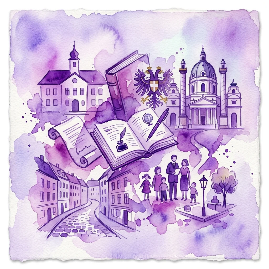 Waterverfillustratie van de tentoonstelling 'Bildung in Meidling', met boeken, een gezin, scholen en een kerk in paarse tinten, die onderwijs in het Weense district vertegenwoordigt.