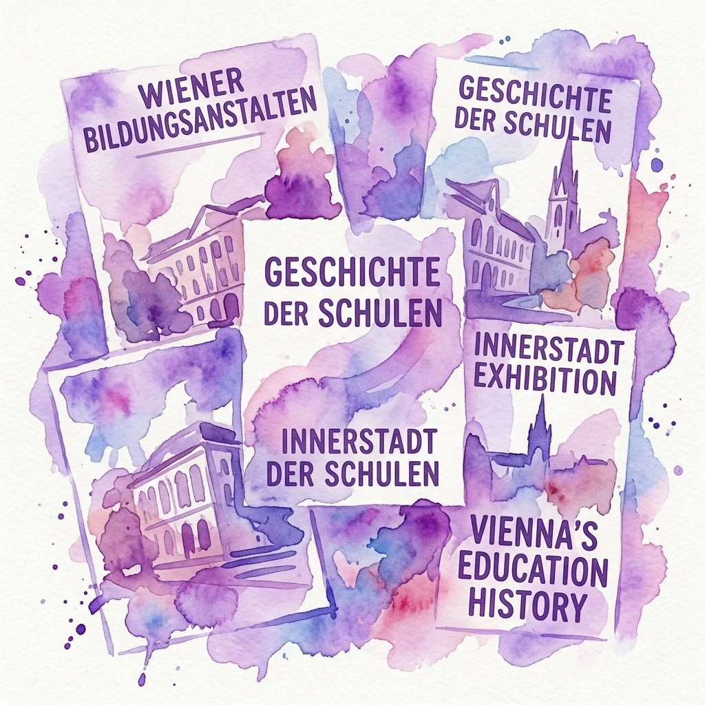 Grafika promocyjna w stylu akwareli dla wystawy 'Bildungseinrichtungen in der Inneren Stadt', zawierająca tekst w języku niemieckim i angielskim na temat historii edukacji w Wiedniu i szkół w dzielnicy Innere Stadt.