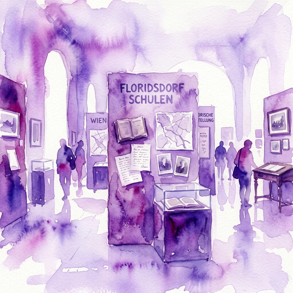 Ilustracja akwarelowa wystawy 'Floridsdorfer Schulen', prezentująca zabytkowe materiały edukacyjne, fotografie i dokumenty w galerii muzealnej z odwiedzającymi.