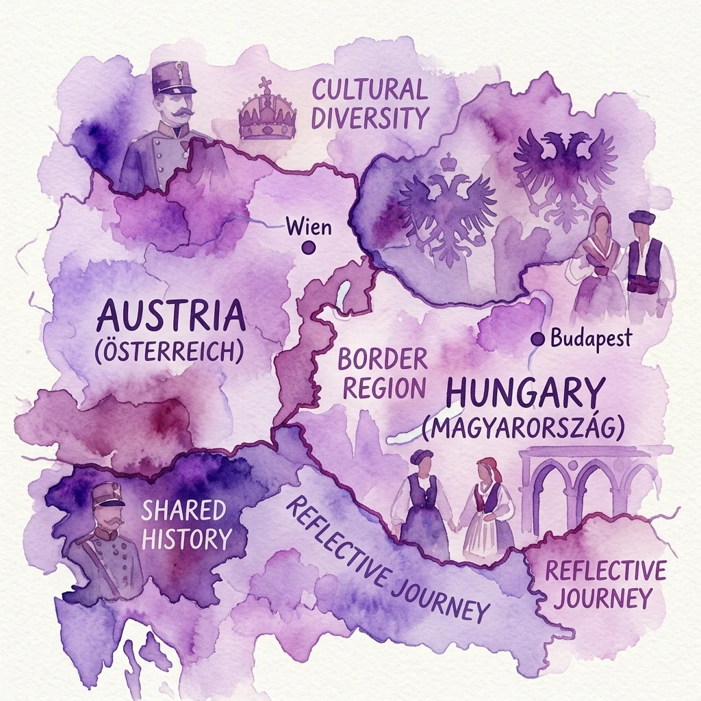 Mapa akwarelowy regionu granicznego Austro-Węgier, z wyróżnieniem Wiednia i Budapesztu, z ilustracjami różnorodności kulturowej, wspólnej historii i tematów podróży refleksyjnej.