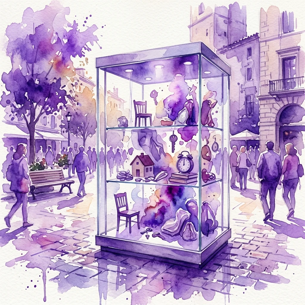 Una instalación de arte en una vitrina de cristal en una plaza pública, que presenta réplicas conceptuales y objetos domésticos como sillas, una maqueta de casa y un despertador, explorando temas de memoria e imaginación.