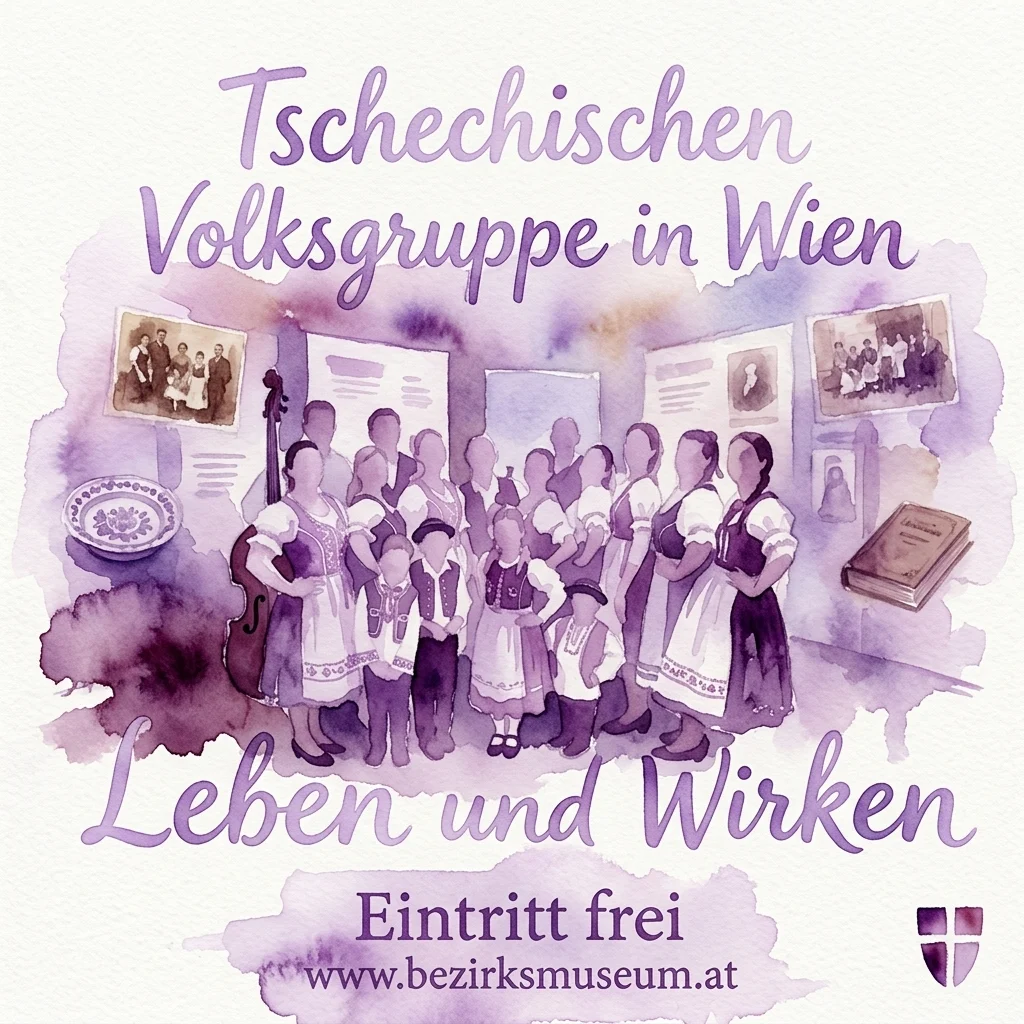 Illustration of a historical exhibition about the Czech ethnic group in Vienna, featuring traditional clothing, archival photos, and cultural artifacts in a museum gallery setting.