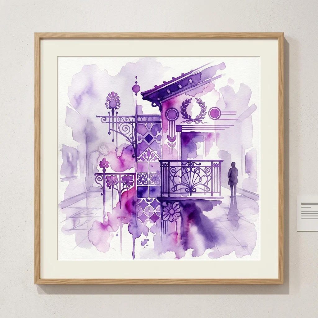 Een ingelijst aquarelkunstwerk in paarse en witte tinten, met architectonische details en ornamentale elementen geïnspireerd door Otto Wagners ontwerpen, tentoongesteld aan een museummuur.