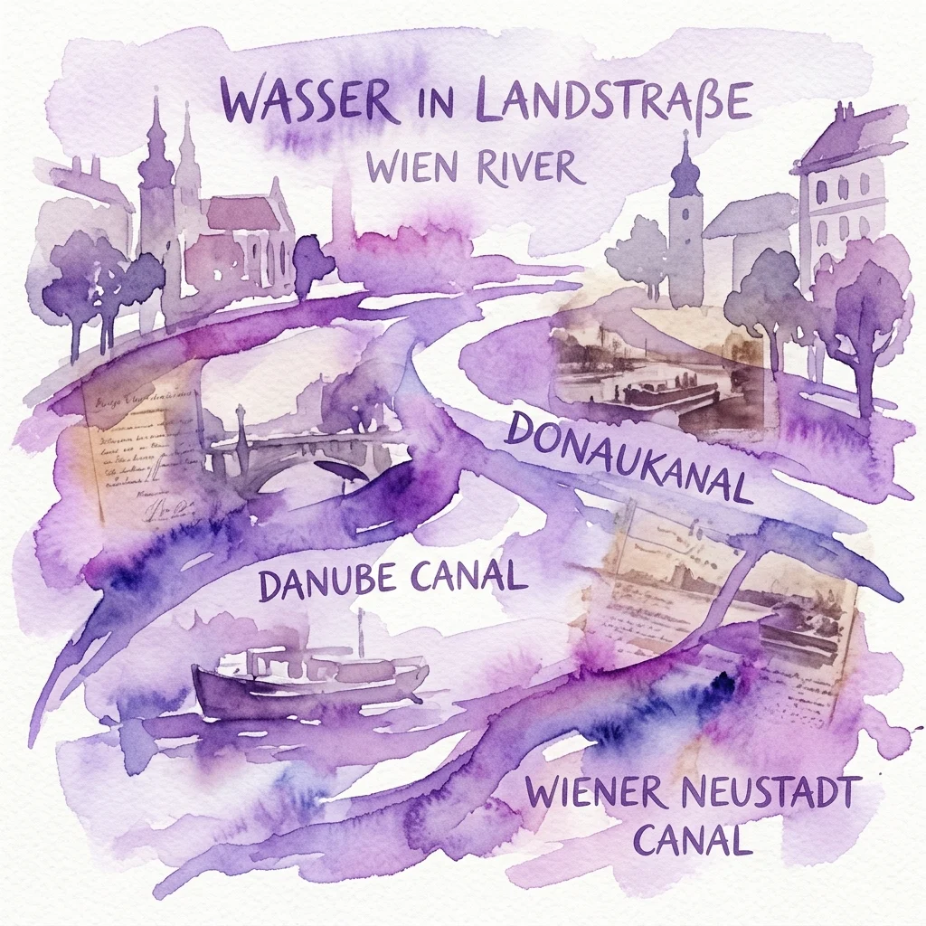 Waterverfillustratie van de Weense waterwegen in Landstraße, met het Donaukanaal, de Wien, de Donaukanal en het Wiener Neustadt Kanaal met historische beelden en architecturale elementen.