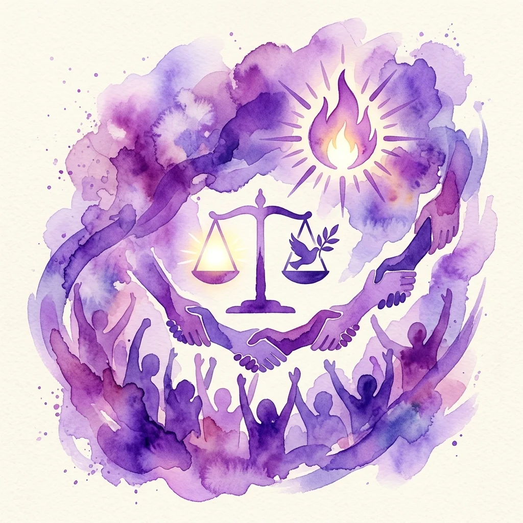 Abstrakcyjna ilustracja akwarelowa w fioletowych odcieniach przedstawiająca centralną wagę sprawiedliwości z gołębicą, otoczoną przez ściskające się dłonie i sylwetki ludzi, symbolizującą demokrację, prawa człowieka i rządy prawa.