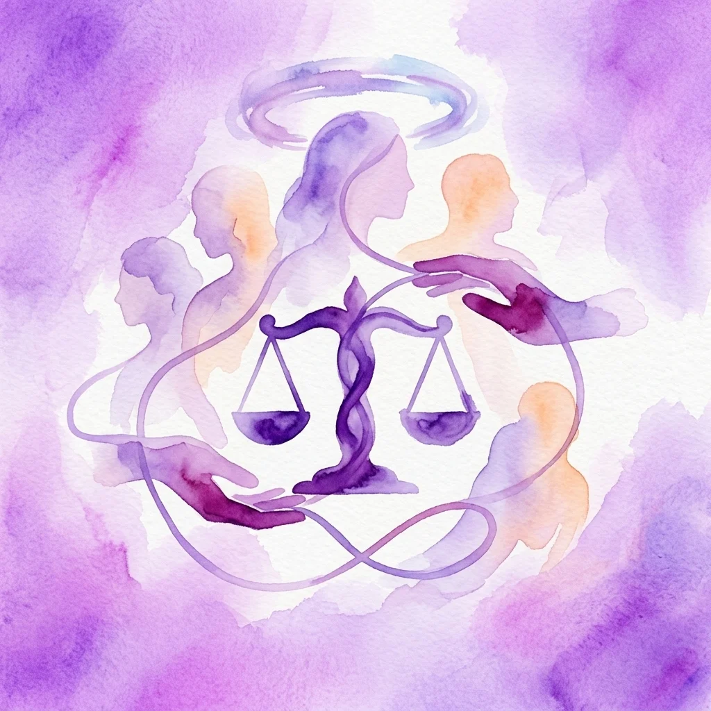 Abstracte aquarelillustratie van weegschalen van justitie, omringd door diverse menselijke silhouetten en handen, die democratie, mensenrechten en de rechtsstaat symboliseren.
