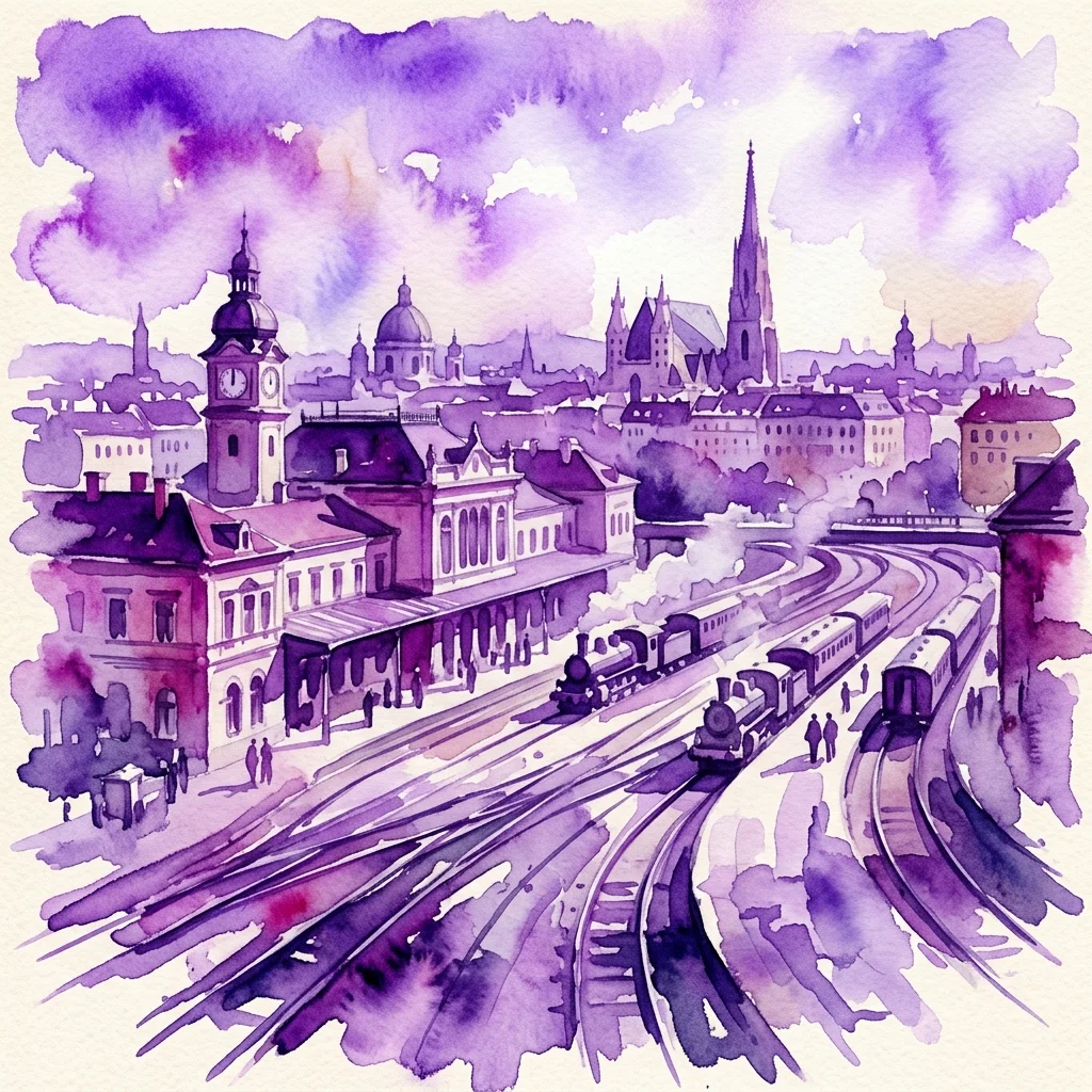 Ilustracja akwarelowa dworca kolejowego Aspangbahnhof w Wiedniu, przedstawiająca historyczne tory, pociągi parowe i otaczające budynki miasta pod fioletowym niebem.