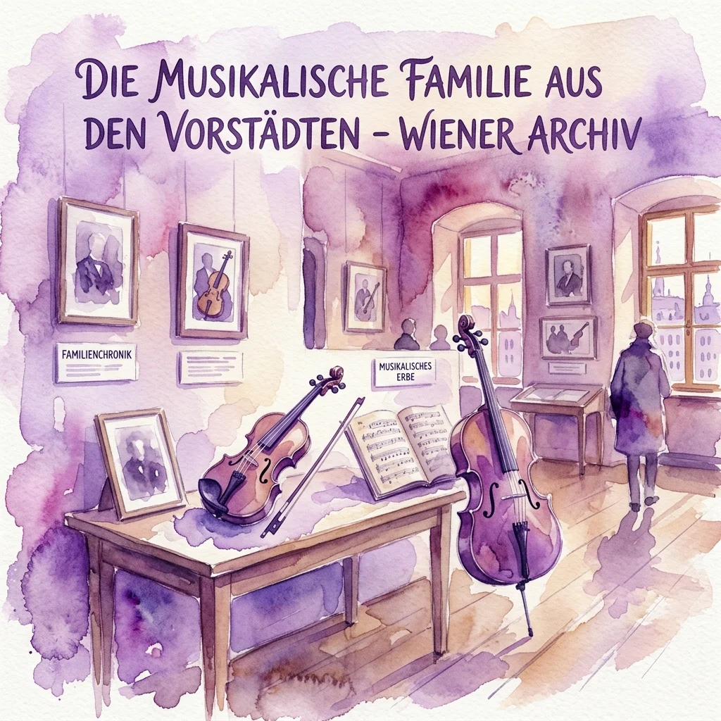 Ilustracja wystawy muzealnej zatytułowanej 'Die Musikalische Familie aus den Vorstädten - Wiener Archiv', przedstawiająca instrumenty muzyczne, oprawione zdjęcia i dokumenty archiwalne w galerii w odcieniach fioletu.