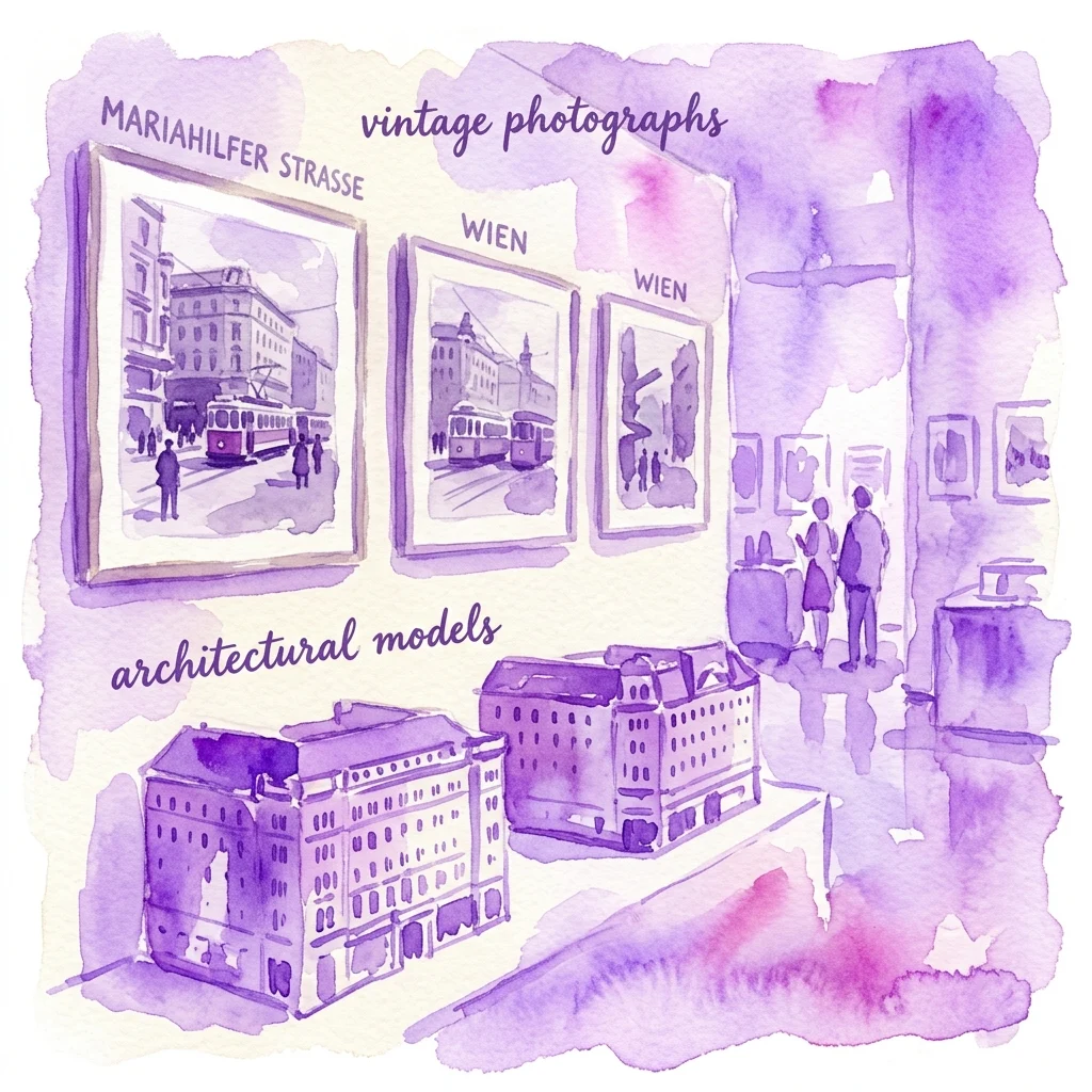 Ilustracja wystawy muzealnej prezentującej zabytkowe fotografie i modele architektoniczne zabytkowych domów towarowych przy wiedeńskiej ulicy Mariahilfer Straße.