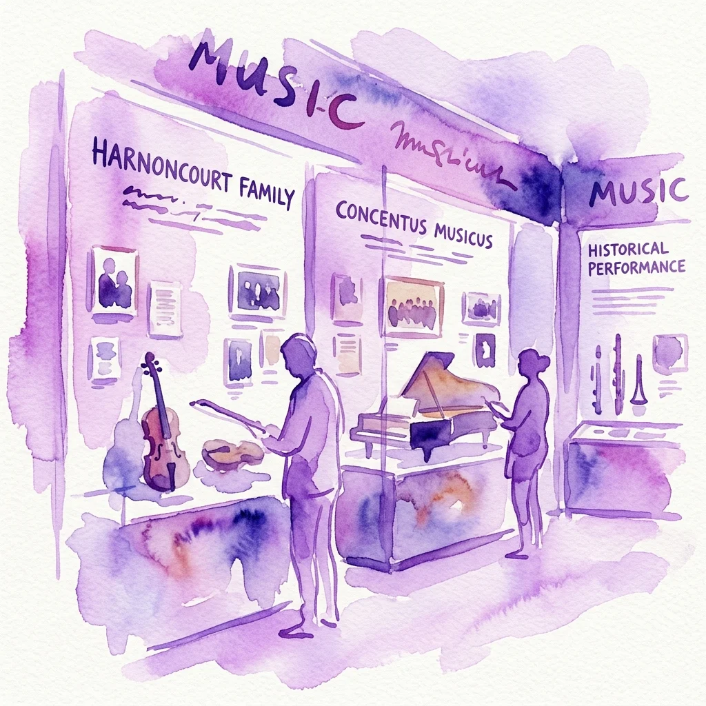 Ilustracja akwarelowa wystawy muzealnej poświęconej rodzinie Harnoncourt i Concentus Musicus, prezentująca panele wystawowe, instrumenty muzyczne i zwiedzających eksplorujących ekspozycję.
