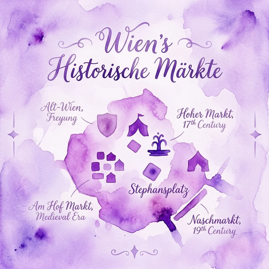 A stylized purple watercolor map of Vienna's historic markets, including Alt-Wien, Hoher Markt, Stephansplatz, Am Hof Markt, and Naschmarkt, each labeled with its historical period.