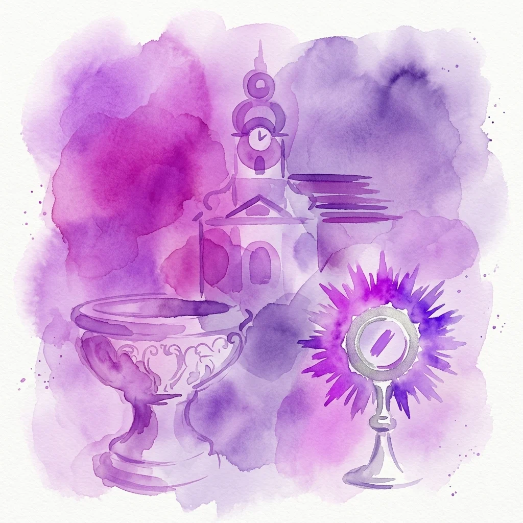 Ilustracja akwarelowa modelu kościoła, barokowej chrzcielnicy i srebrnej monstrancji z relikwią, reprezentująca wystawę Rauchfangkehrerkirche.