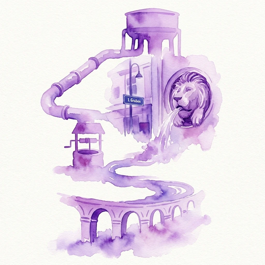Fioletowa ilustracja akwarelowa przedstawiająca historyczny system zaopatrzenia w wodę Wiednia, ukazująca rzymskie akwedukty, średniowieczną studnię, fontannę z lwem i nowoczesne rurociągi, symbolizująca ewolucję infrastruktury czystej wody.