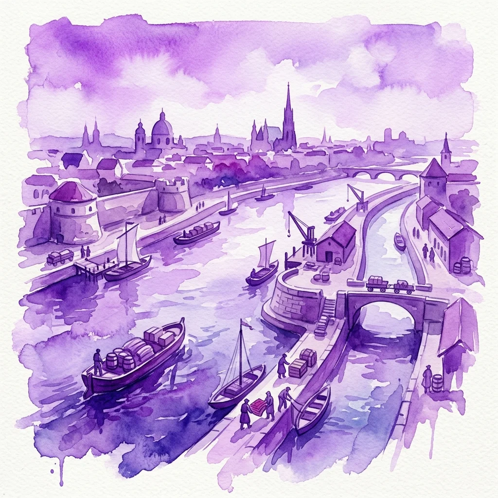 Fioletowa akwarelowa ilustracja Dunaju i Donaukanal w Wiedniu, przedstawiająca łodzie przewożące towary, zabytkowe budynki i konstrukcje przeciwpowodziowe wzdłuż rzeki.
