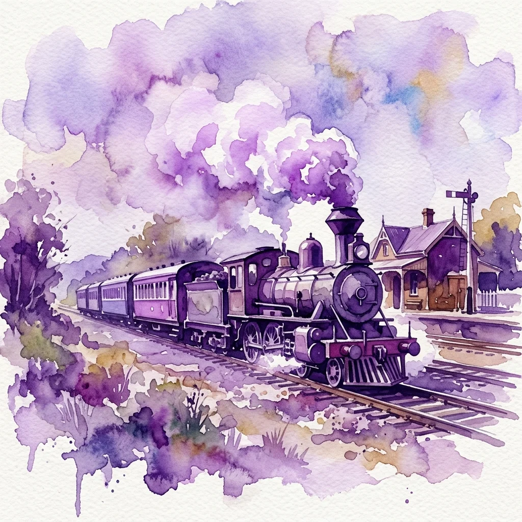Watercolor illustration of a vintage steam locomotive pulling passenger cars at a historic railway station, with purple and lavender smoke billowing against a nostalgic backdrop.