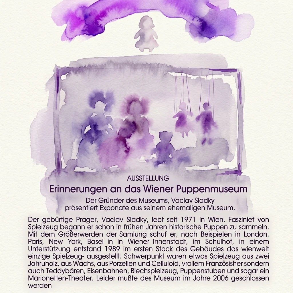 Ilustracja akwarelowa zabytkowego teatru lalek z porcelanowymi lalkami i marionetkami, promująca wystawę 'Wspomnienia Wiedeńskiego Muzeum Lalek' w Bezirksmuseum.