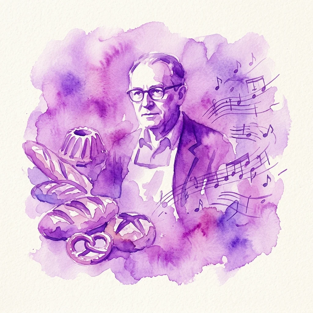Waterverfportret van Erwin Ratz, een bakker en muzie theoriticus, omringd door muzieknoten en gebak, symbool voor zijn dubbele nalatenschap in muziek en bakkerij.