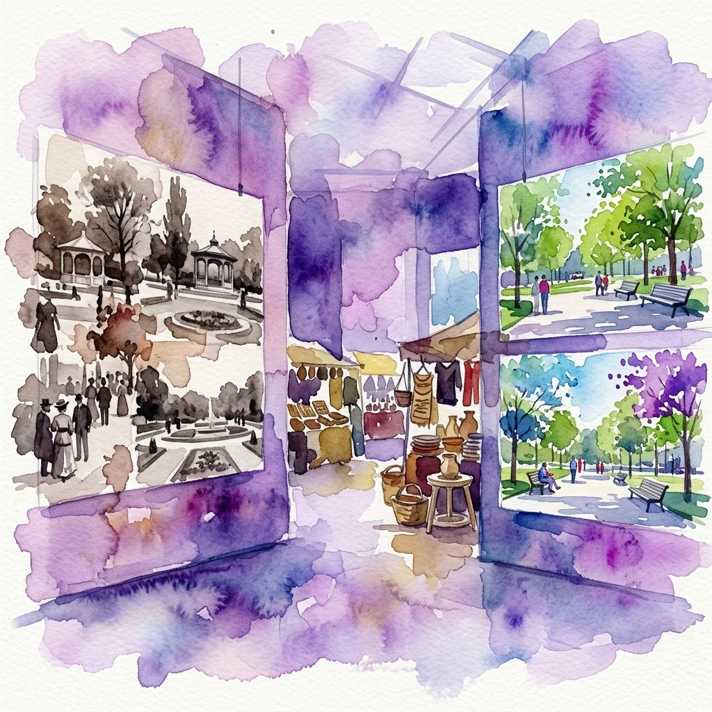 Waterverfillustratie van een tentoonstelling met de titel 'Es grünt so grün …' die historische en moderne uitzichten op parken en groene ruimten in het Weense district Rudolfsheim-Fünfhaus toont, met scènes van lokale handel en vakmanschap.