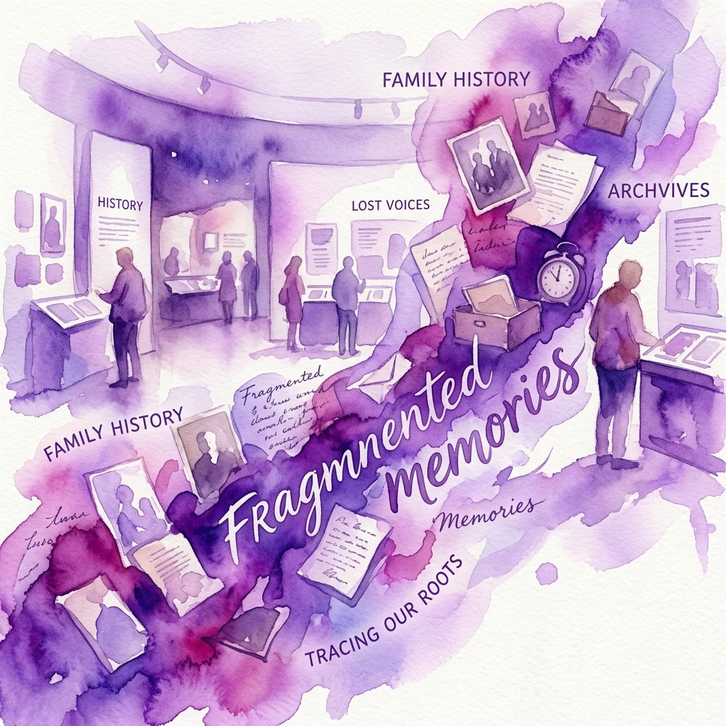 Ilustración en acuarela de una exposición de museo titulada 'Fragmented Memories', con exhibiciones sobre historia familiar, voces perdidas y archivos, y visitantes explorando las muestras.