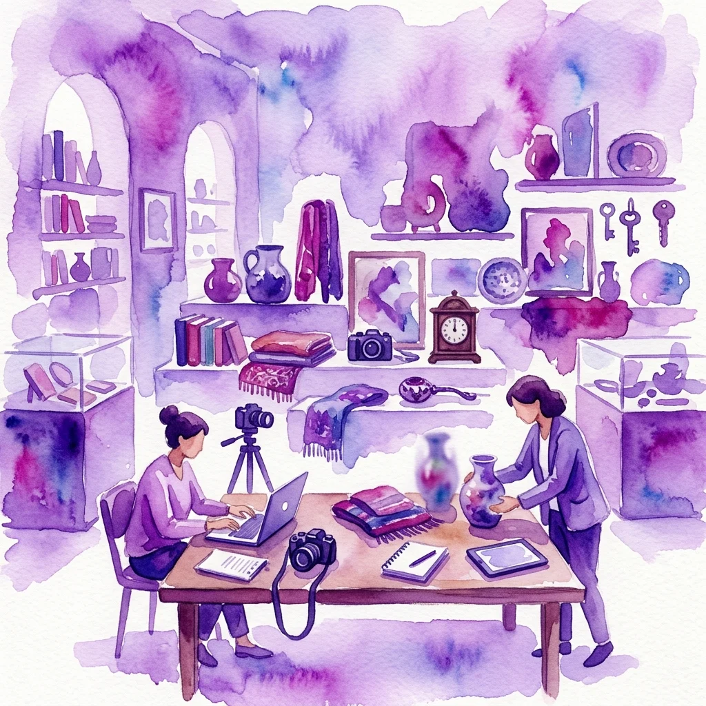 Una ilustración en acuarela del personal del museo catalogando objetos favoritos personales, incluyendo jarrones, libros y artefactos, en una galería de tonos morados.