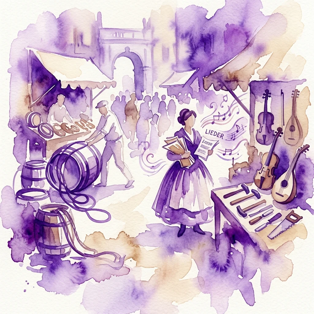 Ilustracja akwarelowa przedstawiająca historyczną wiedeńską scenę targową z Fasslzieher (przewoźnikami beczek), Liederweibsen (sprzedawczyniami pieśni) i wytwórcami instrumentów muzycznych, przywołująca dziedzictwo kulturowe i lokalną historię.