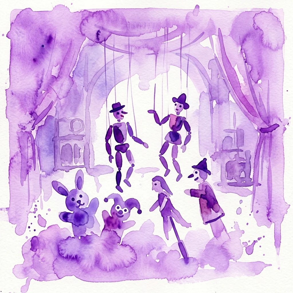 Ilustracja akwarelowa w odcieniach fioletu przedstawiająca różne kukiełki, w tym marionetki i pacynki, na scenie z kurtynami, reprezentująca wystawę 'Figurentheater zwischen Geschichte und Gegenwart'.