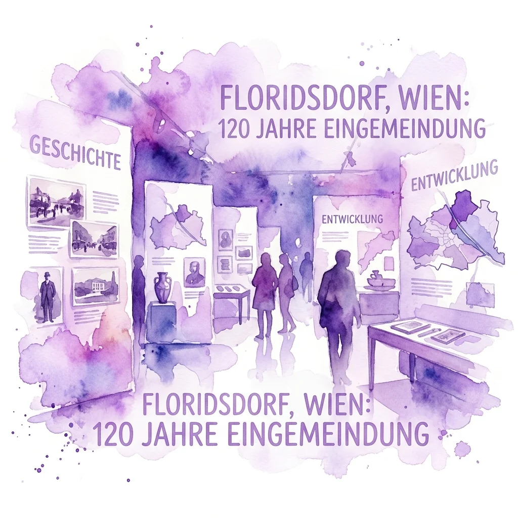 Ilustracja akwarelowa galerii wystawowej przedstawiająca eksponaty dotyczące historii i rozwoju Floridsdorfu w Wiedniu, z okazji 120. rocznicy włączenia go jako 21. dzielnicy.