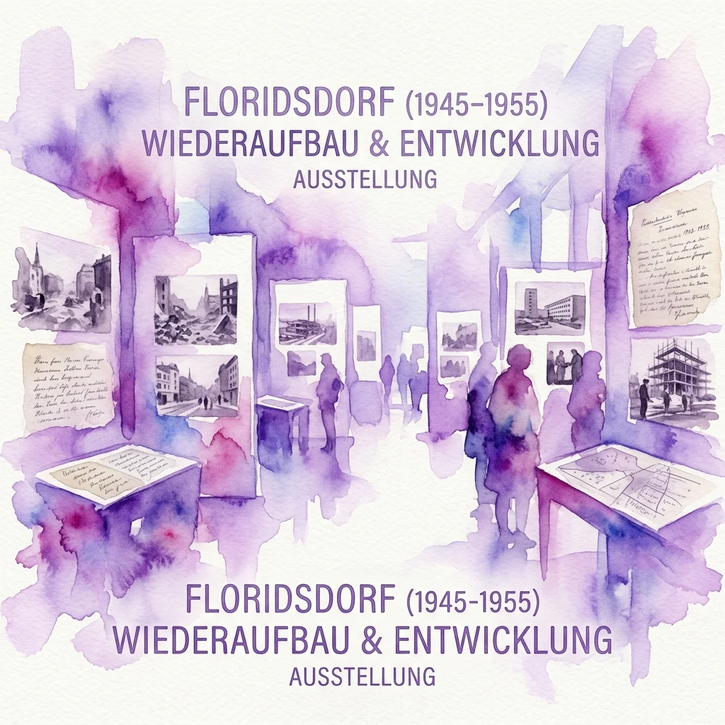 Artystyczna ilustracja akwarelowa wystawy Floridsdorf (1945-1955), przedstawiająca zwiedzających oglądających historyczne fotografie i dokumenty na ścianach wystawowych i stołach.