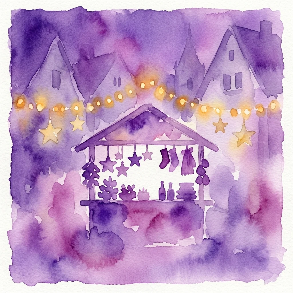 Una ilustración en acuarela de un puesto festivo del mercado navideño con luces parpadeantes, adornos colgantes y edificios de estilo tradicional austriaco al fondo.