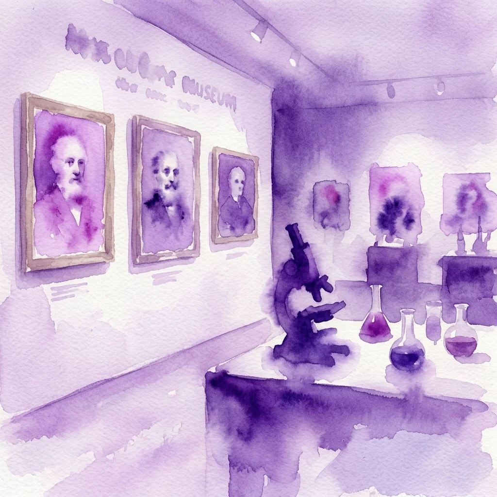 Ilustración en acuarela de una galería de exposición de museo que presenta retratos de científicos históricos, un microscopio y material de vidrio de laboratorio, representando la exposición 'Forschen. Denken. Wirken.' sobre pioneros del conocimiento del 3er distrito de Viena.