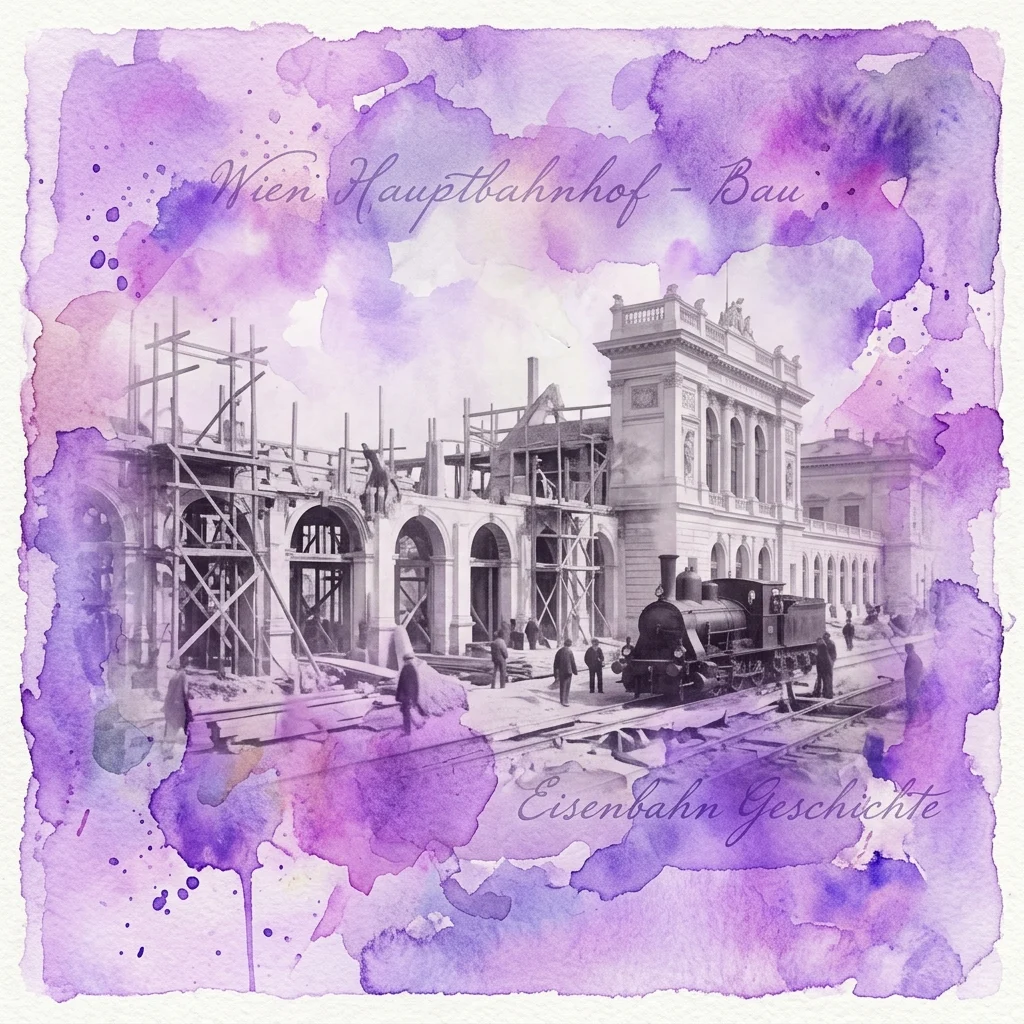Zwart-witfoto van de bouw van het Weense Hauptbahnhof, met steigers, arbeiders en een stoomlocomotief, met paarse aquarel en tekst eroverheen.