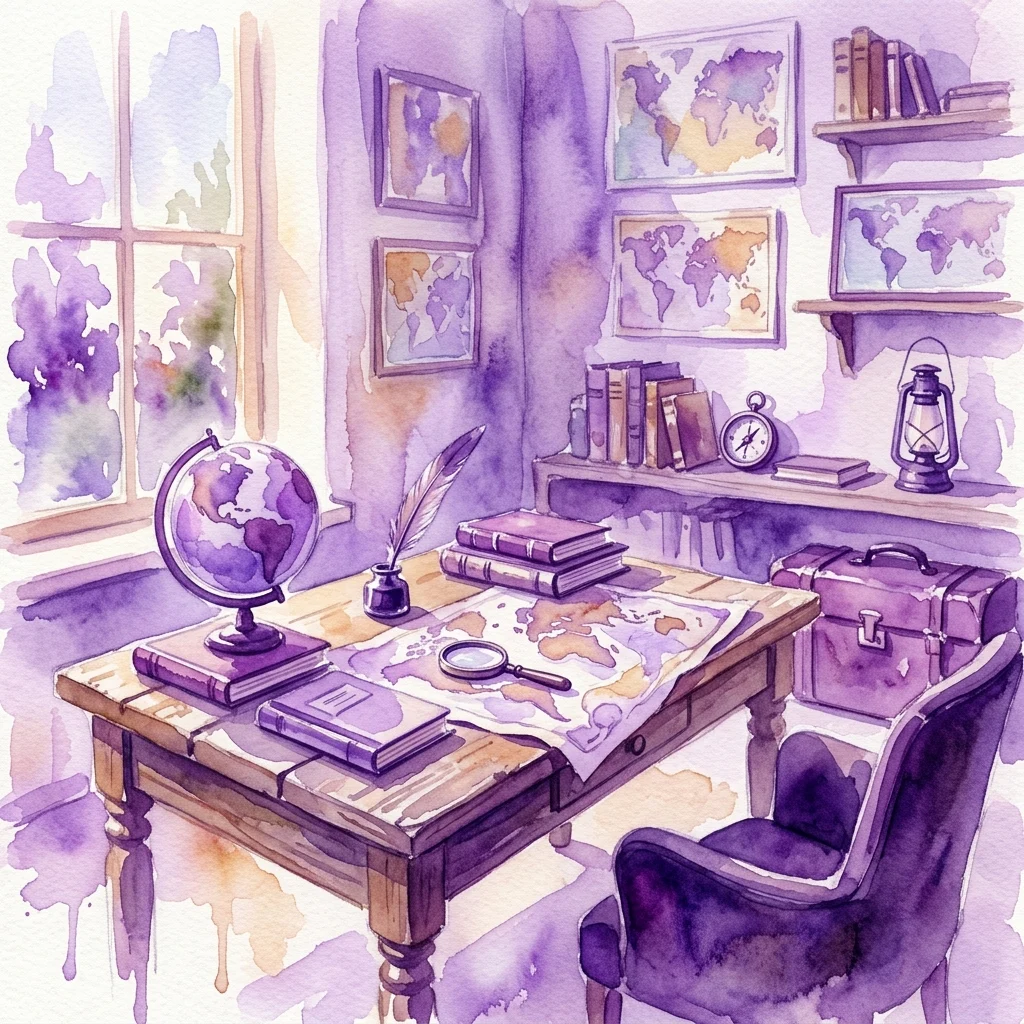 Ilustracja akwarelowa odtworzonej pracowni z globusem, mapami, książkami i artefaktami podróżniczymi, przywołująca odkrycia Friedricha Juliusa Biebera.