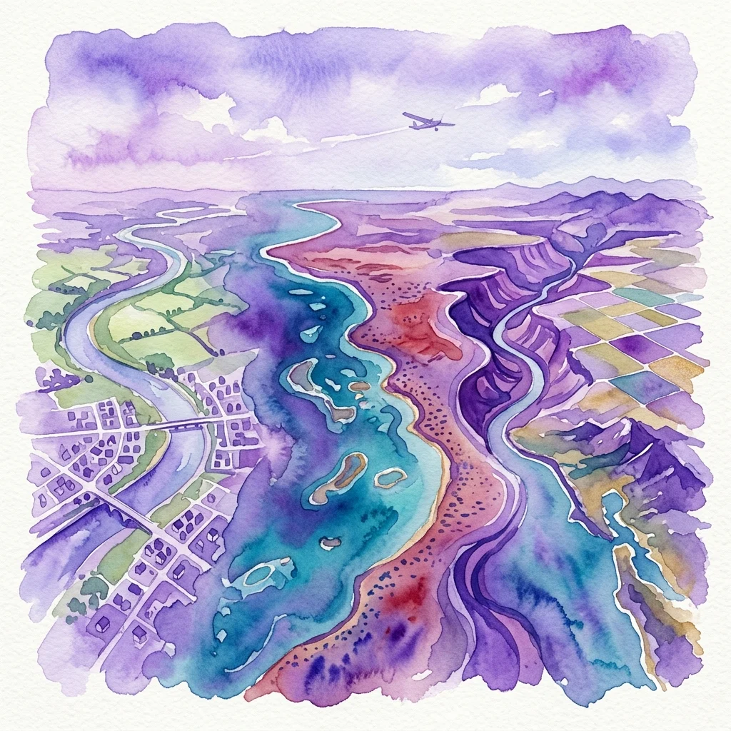 Een aquarel van een vogelvlucht die een kronkelende rivier, een klein stadje en diverse landschappen in paarse, blauwe en groene tinten toont, met een klein vliegtuigje in de lucht.
