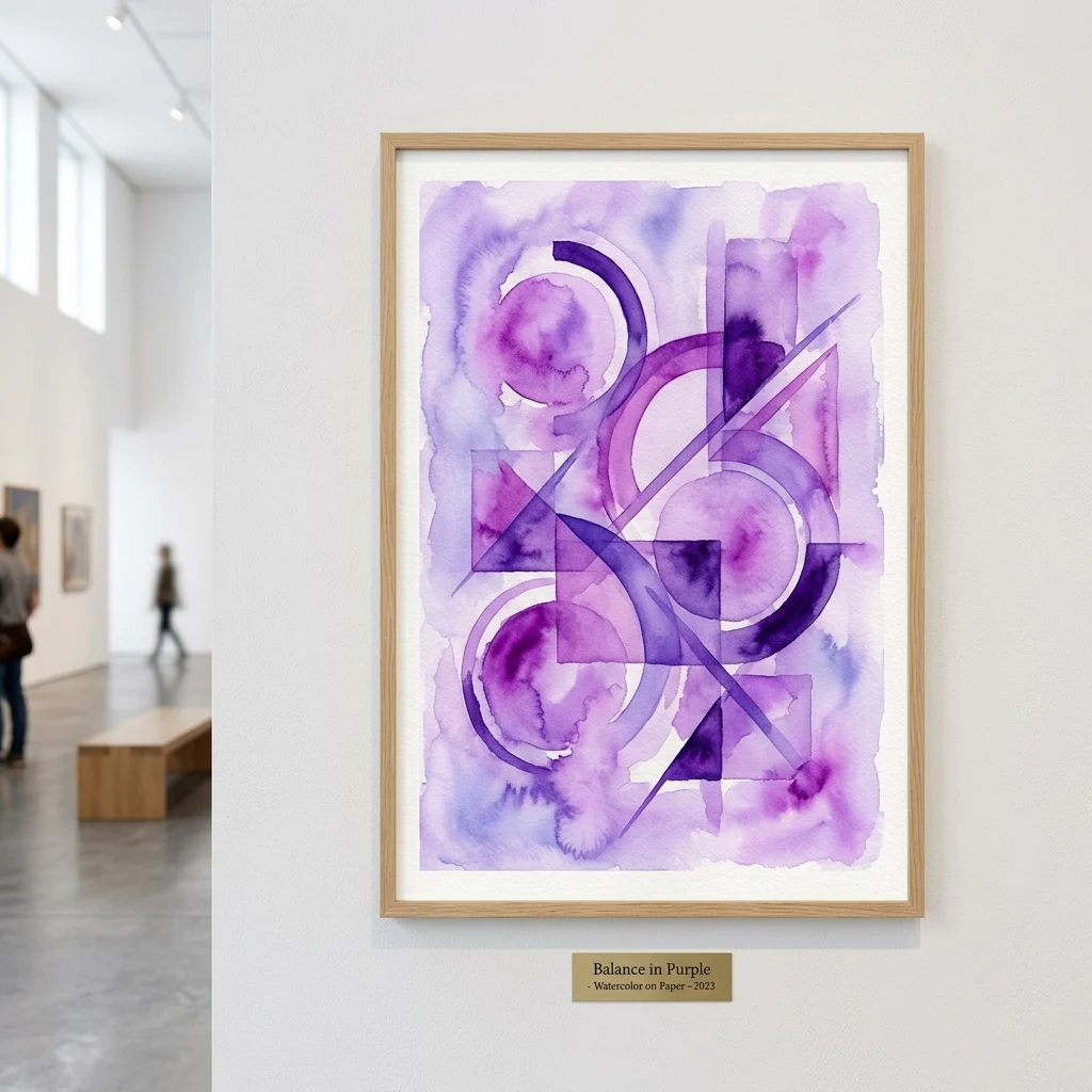 A watercolor artwork titled 'Balance in Purple' by Gerhard Kohlbauer, featuring abstract geometric shapes and circles in purple and lavender hues, displayed in a museum gallery.