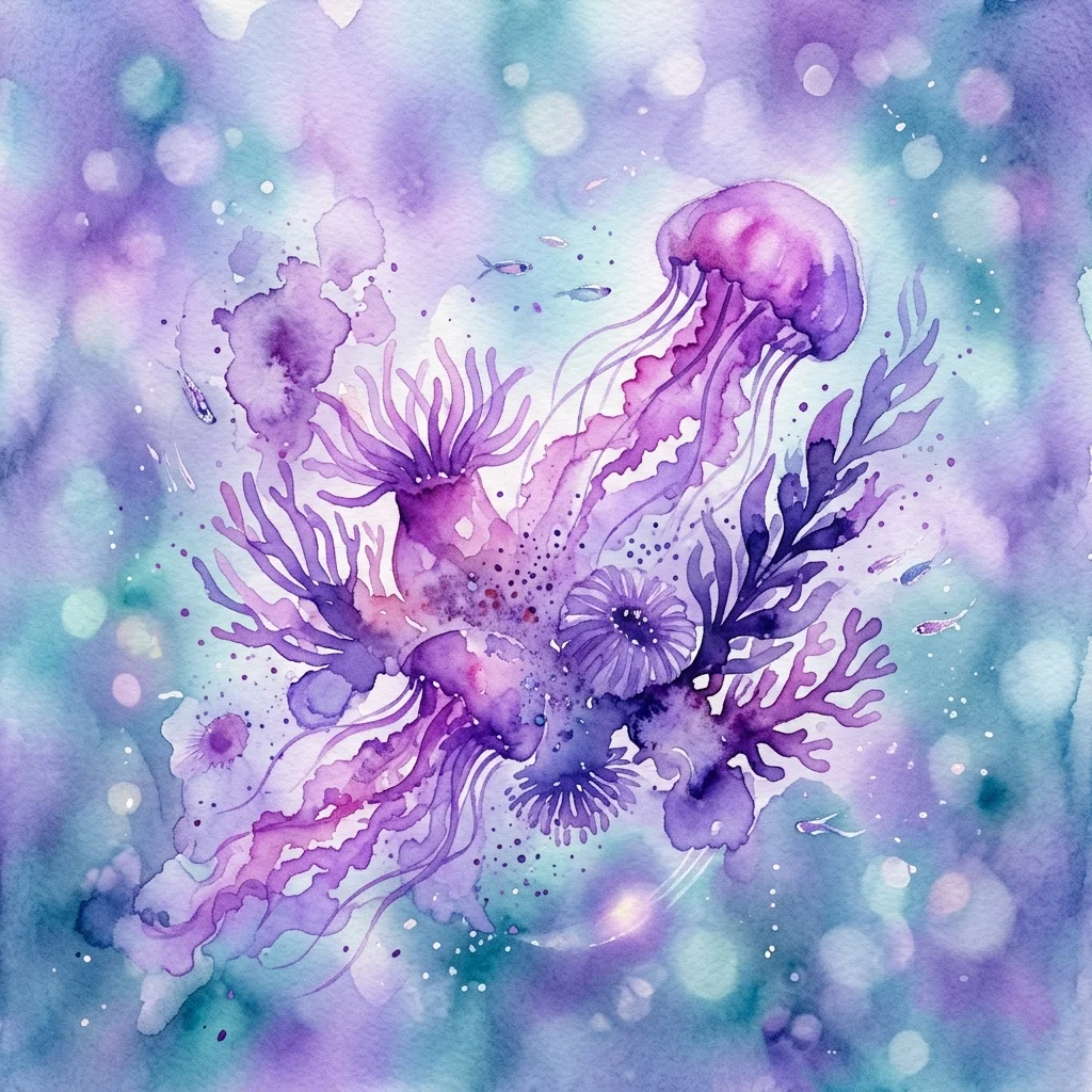 Ilustracja akwarelowa meduzy i ukwiałów w odcieniach fioletu i turkusu, reprezentująca wystawę 'Gesichter der Vielfalt' w Bezirksmuseum.