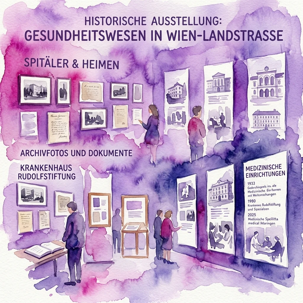 Waterverfillustratie van een tentoonstelling getiteld 'Historische Ausstellung: Gesundheitswesen in Wien-Landstrasse', met bezoekers die archief foto's, documenten en displays bekijken over ziekenhuizen en medische instellingen in het Weense district Landstraße.
