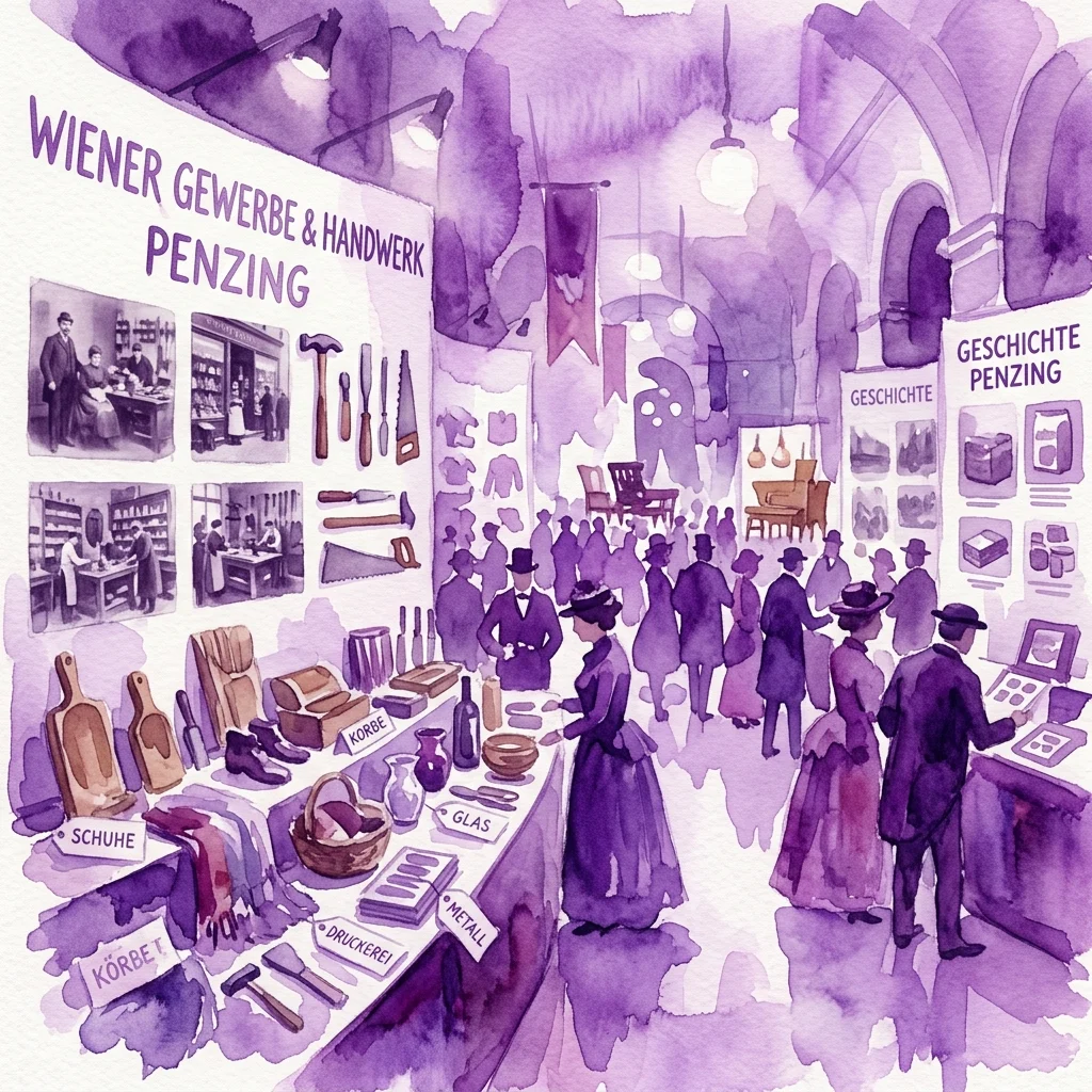 Ilustracja akwarelowa wystawy 'Wiener Gewerbe & Handwerk Penzing', prezentującej historyczne rzemiosło i zawody z eksponatami narzędzi, produktów i strojów z epoki w scenerii muzealnej.